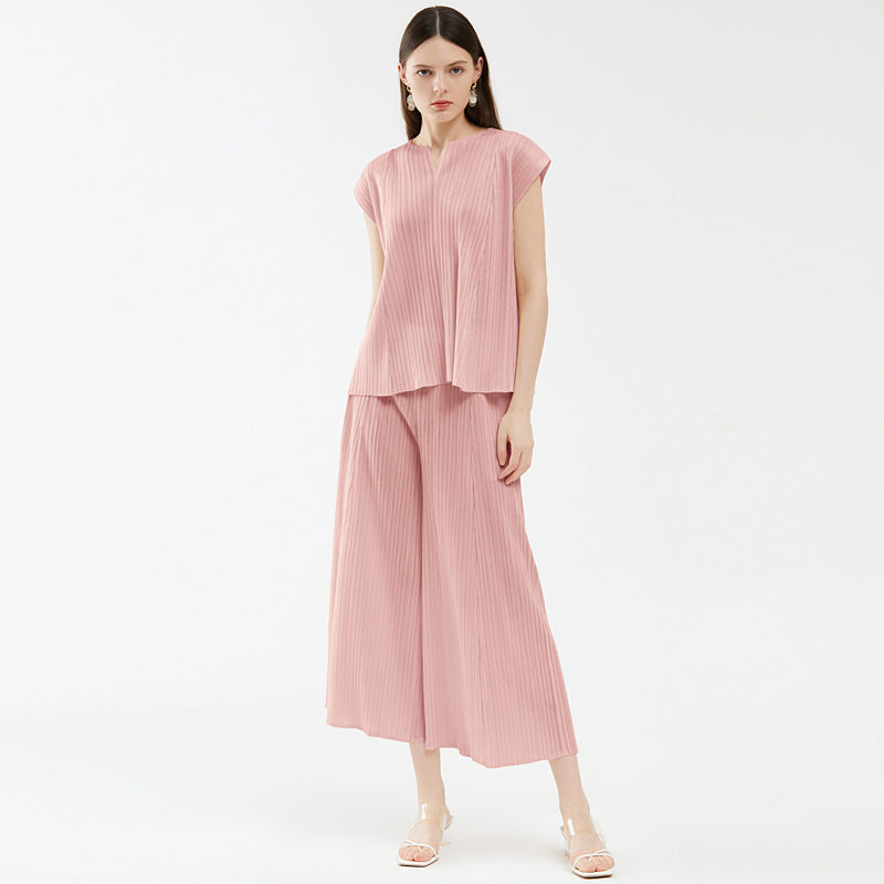 new summer women's clothing V-neck top fashion loose and thin wide-leg pants fashion suit casual two-piece set