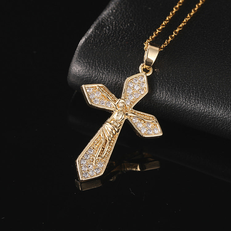 INS Vintage Gold Cross Necklace Personalized Pendant Zircon European and American Style Necklace Special-Interest Design Titanium Steel Clavicle Chain