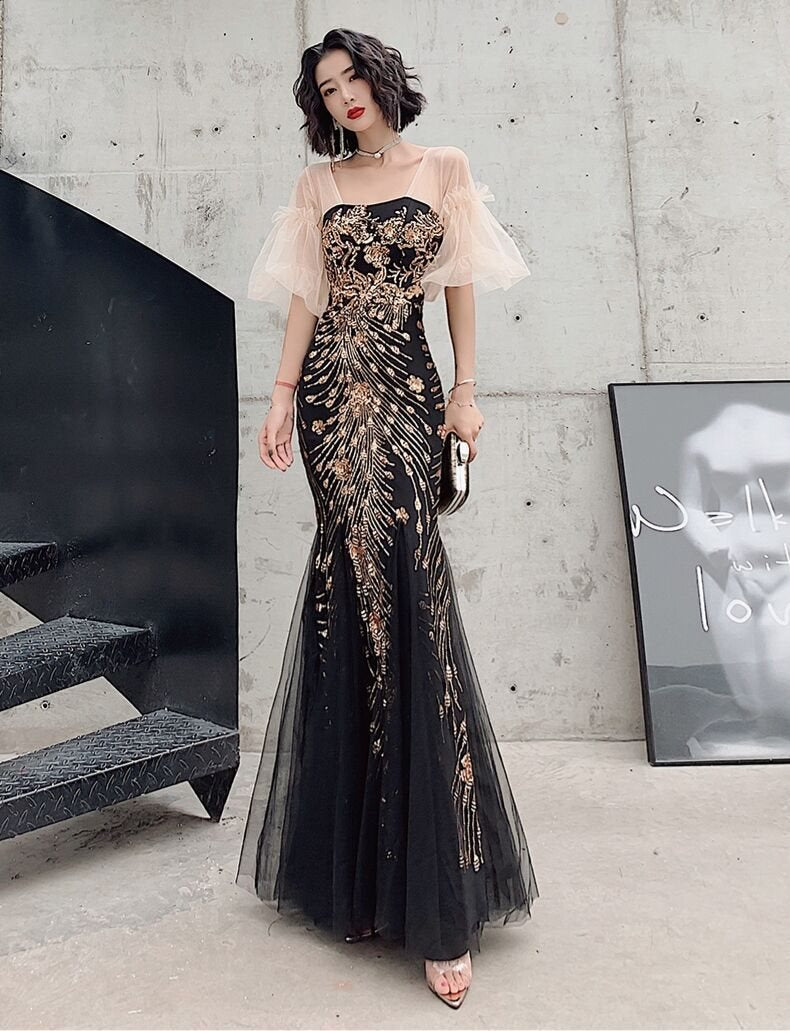 VAKKV Champagne Dress Sequined Embroidered Bridal Wedding Toast Dress Banquet Performance Host Fishtail Dress Adult Ceremony Female