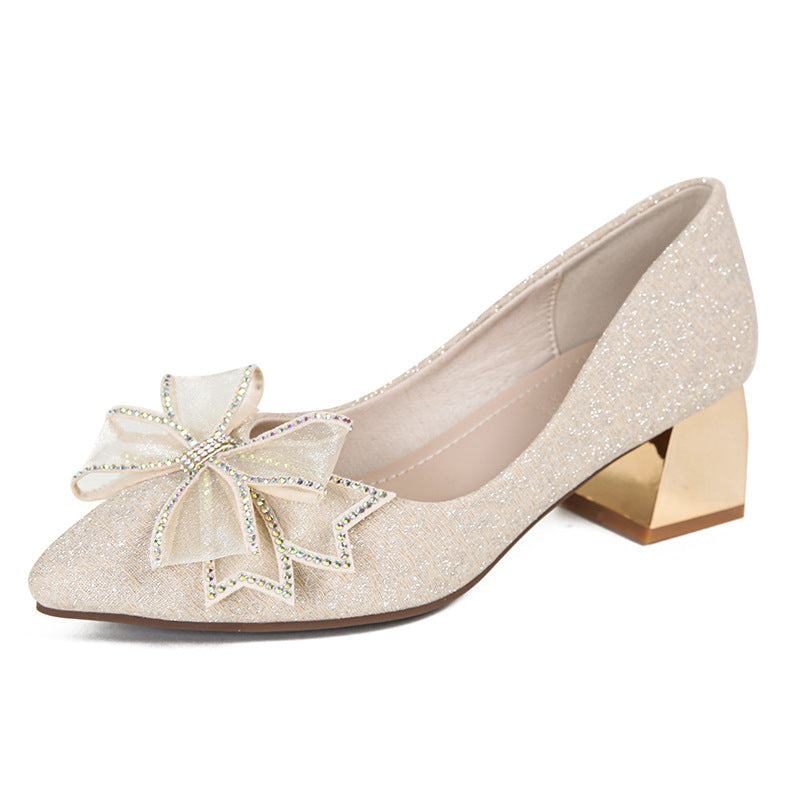 Style Pointed-Toe Fashion High Heels Women's Spring and Autumn New Chunky Heel Low-Cut Rhinestone Bow Temperament Wild Pumps