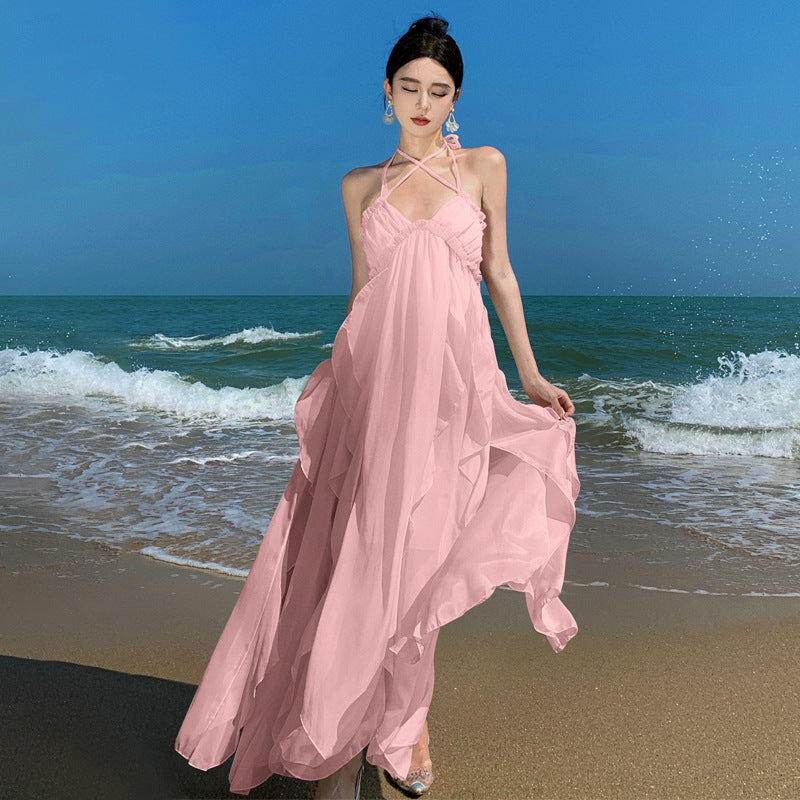 2025 Sexy temperament heavy industry neck suspender dress women's summer long dress white backless seaside vacation beach dress