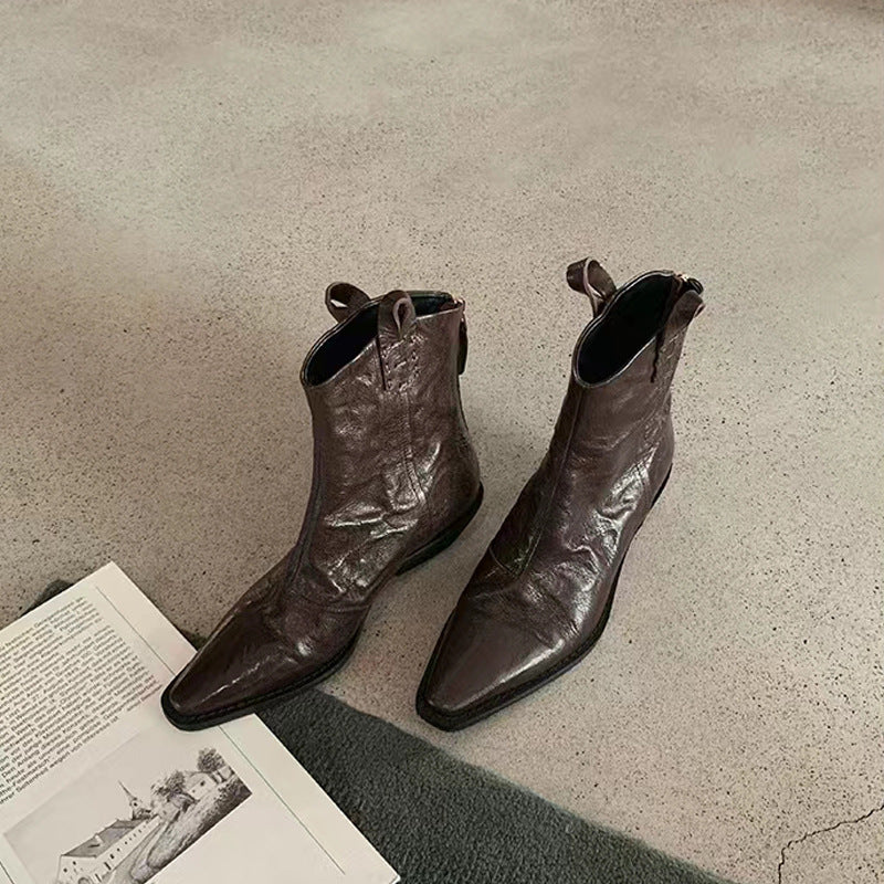 2025 2025 new autumn and winter fashionable pointed V mouth fashionable retro denim thin boots thick heel wrinkled western short boots women