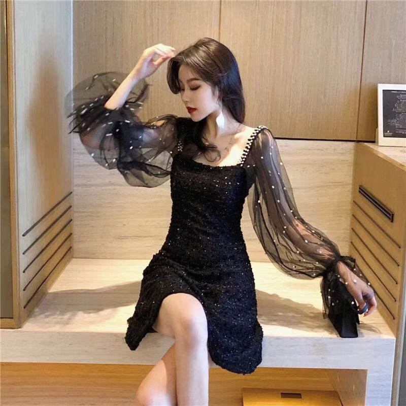 Spring women's new small fragrant temperament medium and long mesh splicing long sleeves waist and thin dress autumn