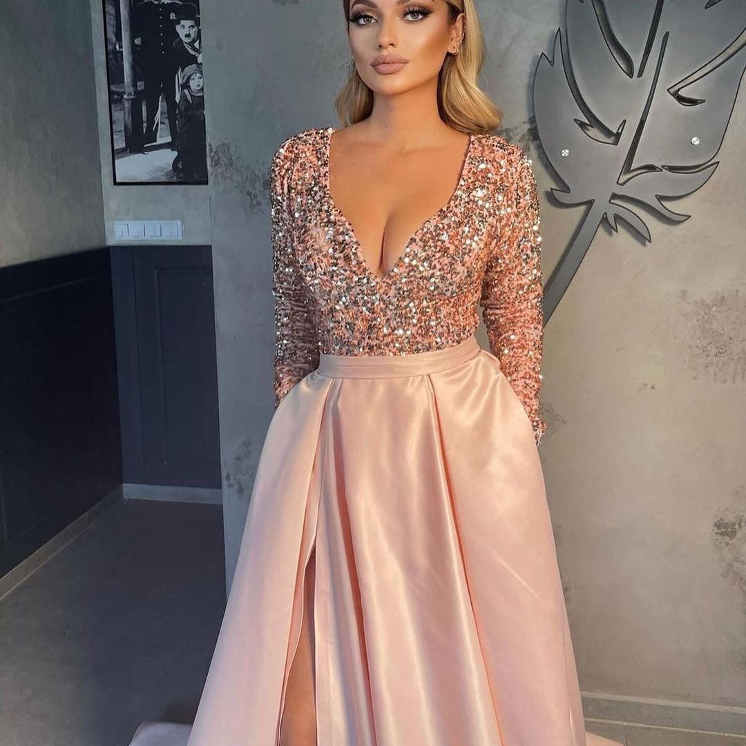 2025 New spring and summer new 2025 women's clothing independent station sequined pendulum sexy long dress trailing banquet evening dress