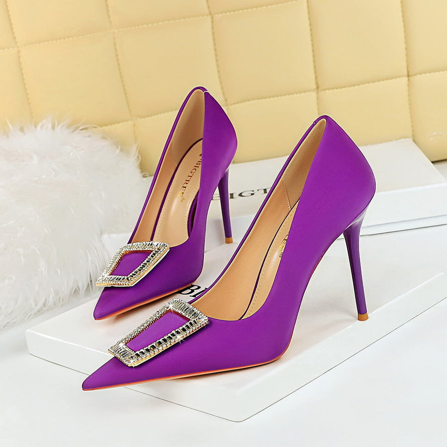 2025 3265-K8 Korean version of fashion banquet high heels thin heel shallow mouth pointed metal buckle rhinestone buckle high heel single shoes women