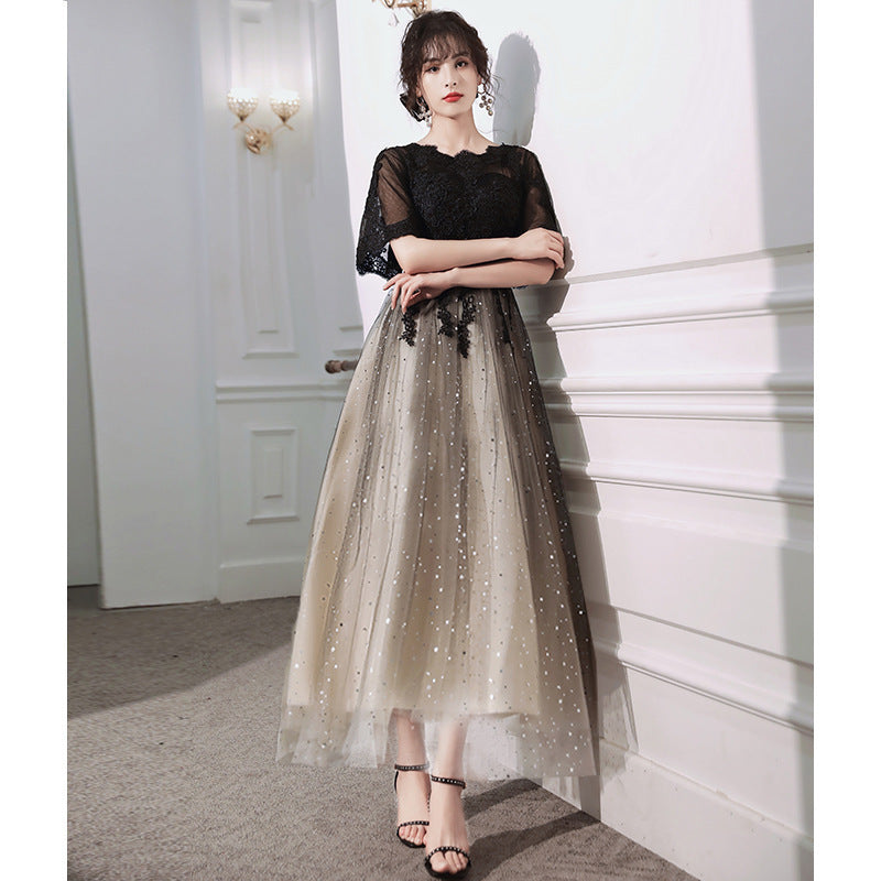 Annual Party Evening Dress Female New Spring and Summer Temperament Banquet Cover Belly Black Slimming Daily Style Host