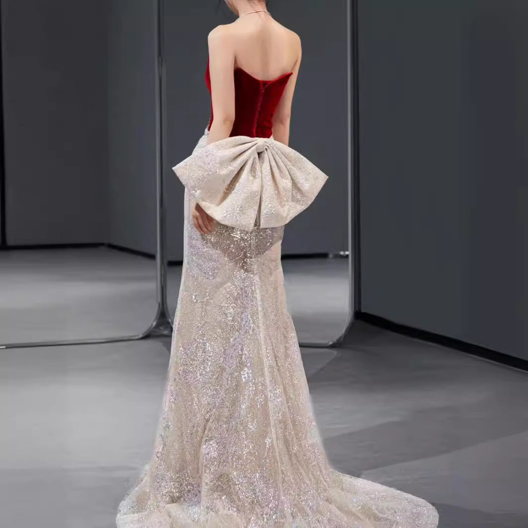 VAKKV Wine Red Host Tube Top Model Catwalk Beaded Toast Dress Starry Sky Annual Meeting Super Fairy Mermaid 18-Year-Old Adult Dress