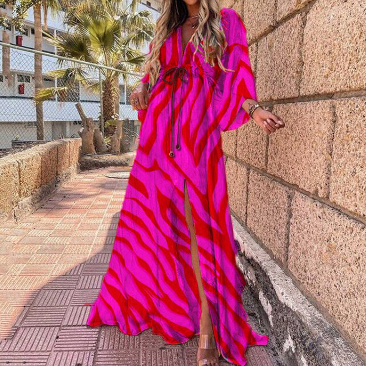 Hot Trade European and American Women's Clothing 2024 Summer New Fashion Printing Loose Lace-up Elegant Big Hem Dress