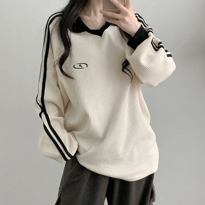 VAKKV Manufacturer 3 colors, waffle Korean version polo collar retro thin velvet sweater women's new spring, autumn and winter popular