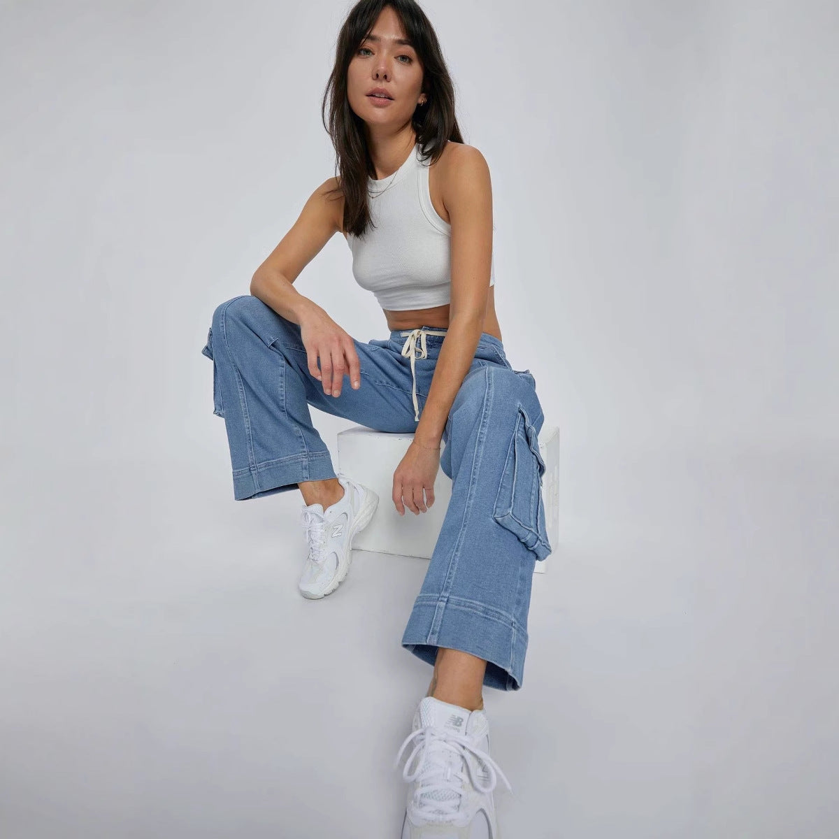 VAKKV independent station 2025 spring new street washed overalls women's multi-pocket wide-leg lace-up jeans