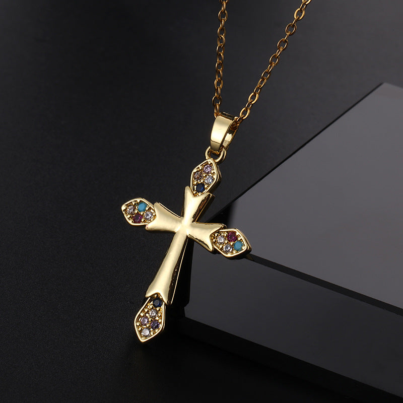 INS Vintage Gold Cross Necklace Personalized Pendant Zircon European and American Style Necklace Special-Interest Design Titanium Steel Clavicle Chain