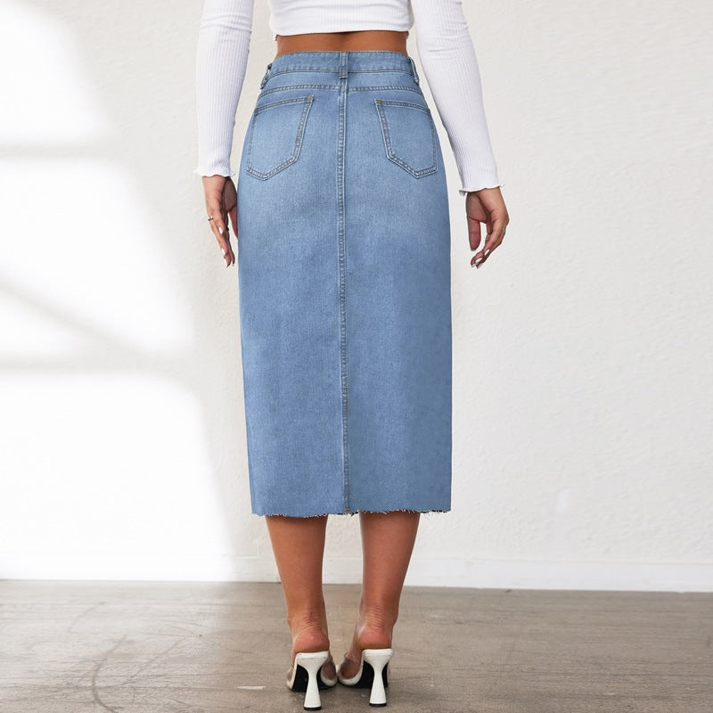VAKKV Factory direct sales Popular trade New popular 2025n retro non-elastic half-body denim skirt women's medium and long split skirt