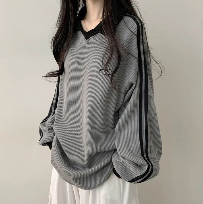 VAKKV Manufacturer 3 colors, waffle Korean version polo collar retro thin velvet sweater women's new spring, autumn and winter popular