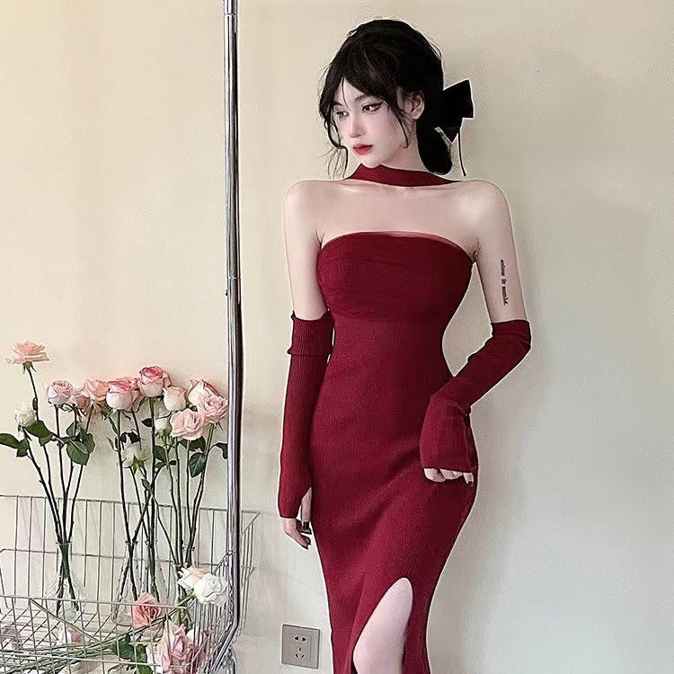 VSKKV Design Mesh Stitching Dress Women's Xiacnee Desire Style Halter Black Formal Dress Split Waist Fitted Hip Skirt