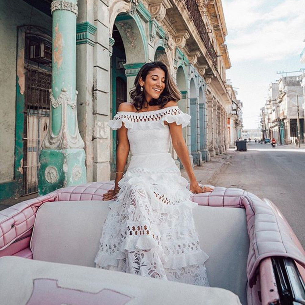 VAKKV Cross-Border Summer New European and American Foreign Trade Women's Clothing off-Shoulder Ruffled Hollow-out Wide Hem Lace Dress Dress