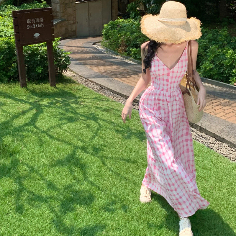2025 Thailand travel wear beach dress seaside vacation pink plaid suspender dress female sexy backless long skirt