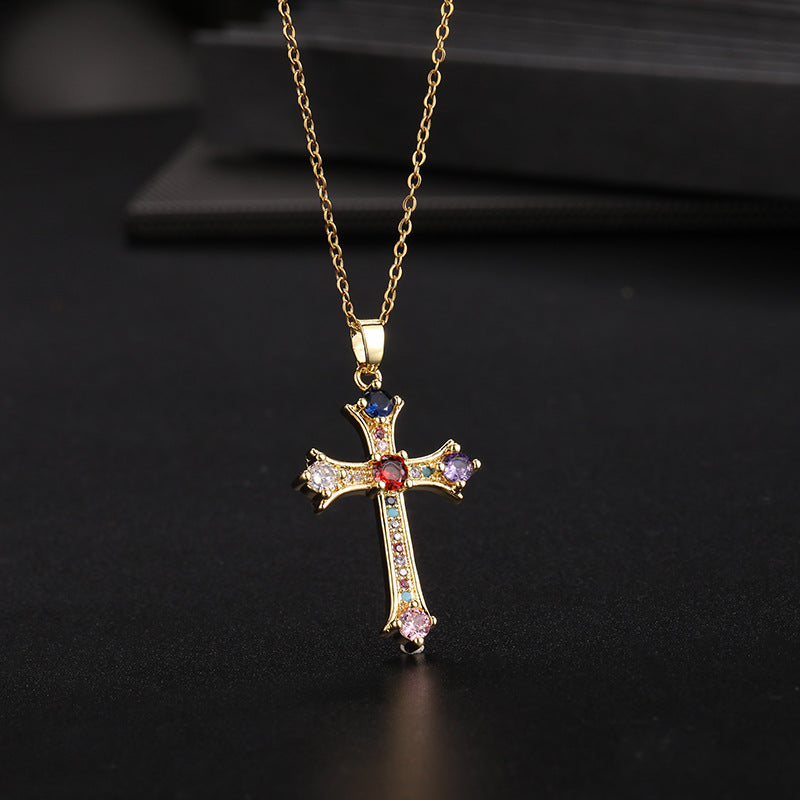 INS Vintage Gold Cross Necklace Personalized Pendant Zircon European and American Style Necklace Special-Interest Design Titanium Steel Clavicle Chain