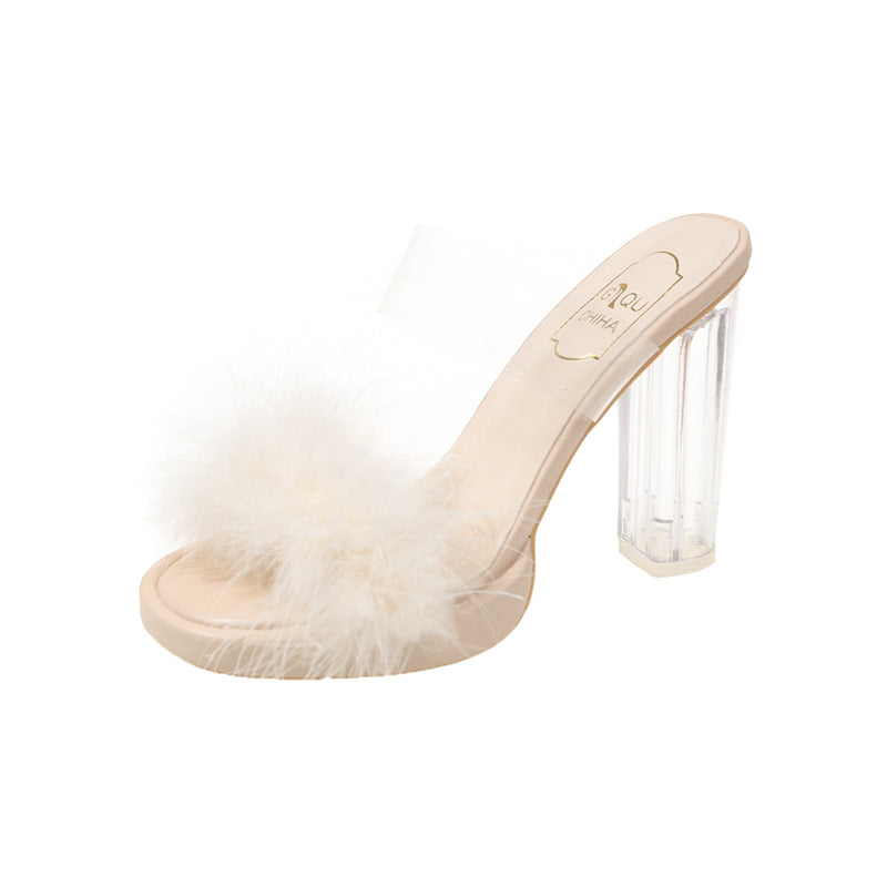 Fashion Fur Hyoma Women's Spring and Summer New Open Toe Square Toe Stiletto Heel Internet-Famous Outdoors High Heel Semi-Slipper Women
