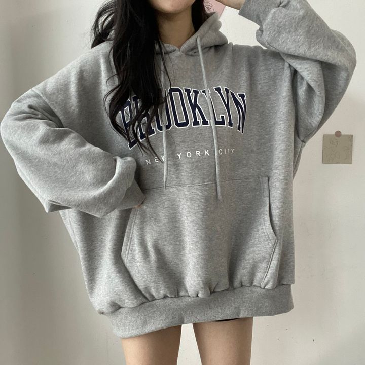 VAKKV Manufacturer tide brand Korean version letter hooded loose spring autumn and winter sweater women's medium and long velvet Japanese solid color lazy thin