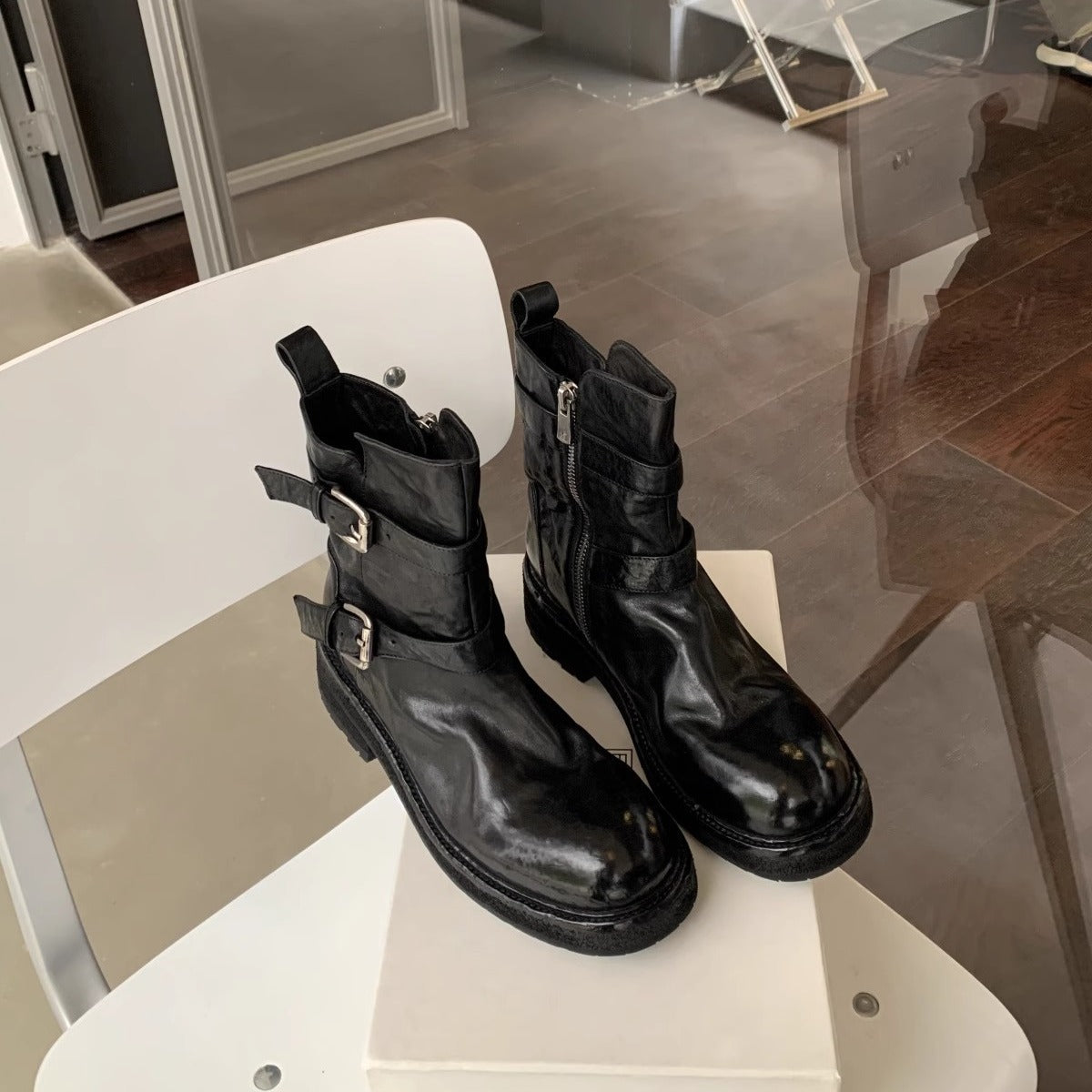2025 Cowhide version~ Grape mother same shoes washed with shrinkage pattern cowhide belt buckle thick heel thick sole thin short boots autumn and winter