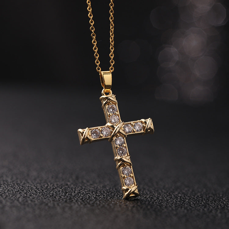 INS Vintage Gold Cross Necklace Personalized Pendant Zircon European and American Style Necklace Special-Interest Design Titanium Steel Clavicle Chain