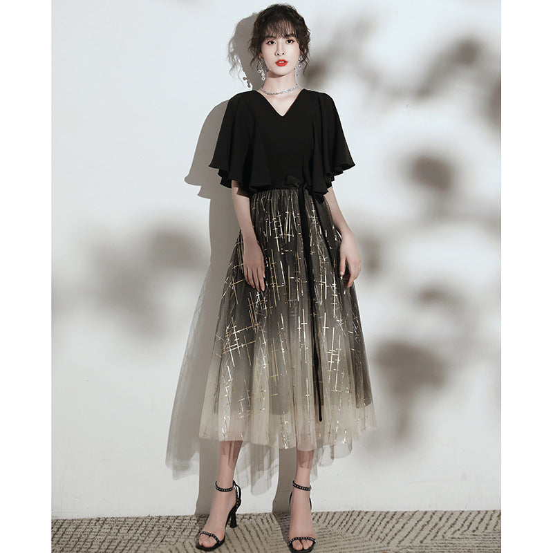 VAKKV Annual Party Evening Dress Women's New Banquet Daily Style Hepburn Wind Black Vocal Music Art Test Host Dress