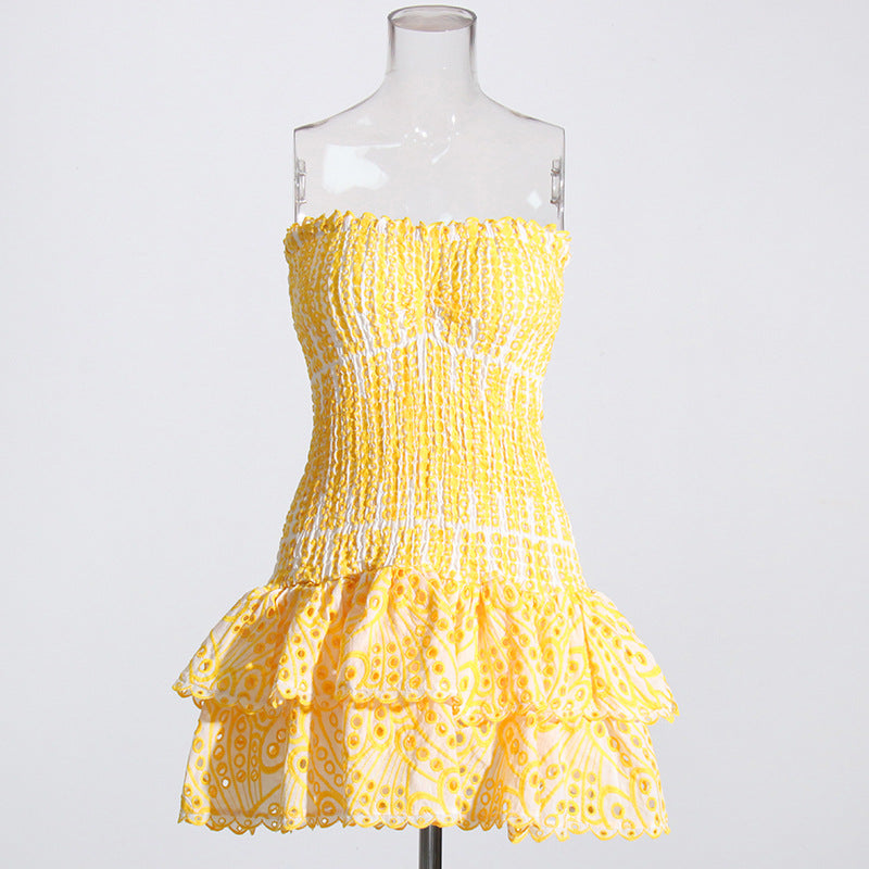 European and American Heavy Industry Smocking Strapless Dress New Design Sense Hollow-out Hook Flower Slim Fit Slimming and Short Dress Women