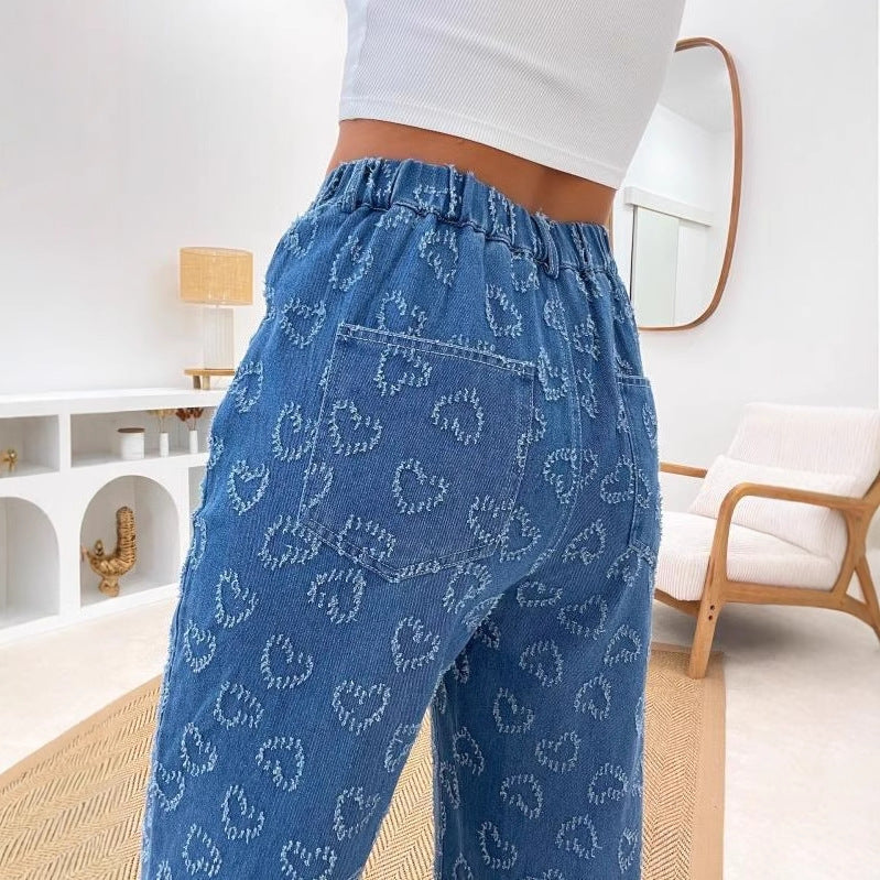 VAKKV cross-border Europe, America and 2025 spring new love crochet jeans women's casual washing straight trousers