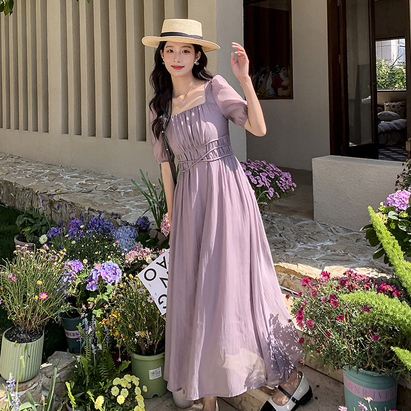 VAKKV Real Shot Purple Square-Neck Cinched Slimming Dress Women's Style Young Elegant Texture Long Skirt