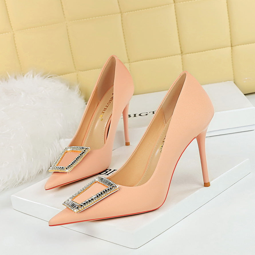2025 3265-K8 Korean version of fashion banquet high heels thin heel shallow mouth pointed metal buckle rhinestone buckle high heel single shoes women