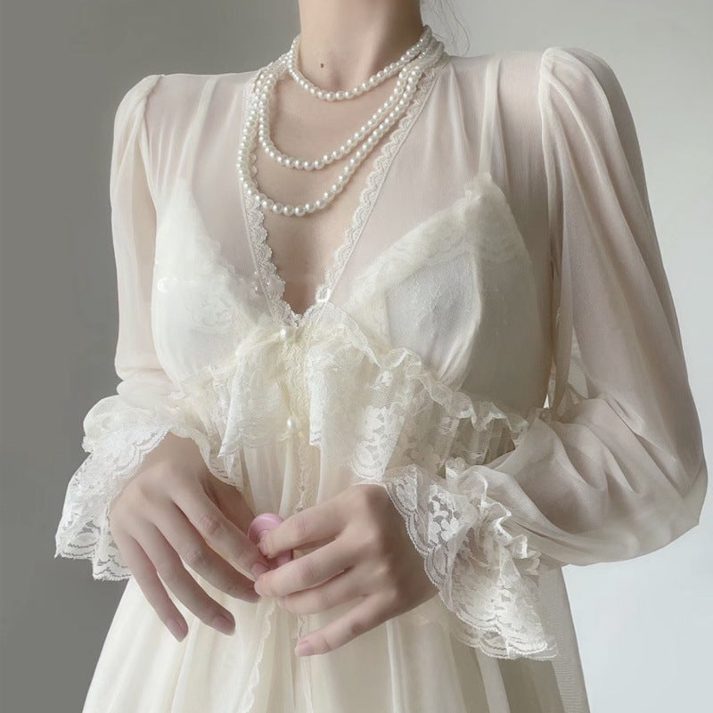 2025 Vintage morning robe female bride new sexy lace high-end ice silk mesh summer pure desire pajamas two-piece set