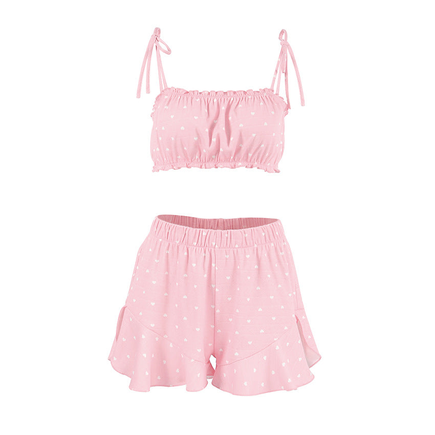 VAKKV 2025 Popular, pink knitted hollow love printing jacquard suspender shorts pajamas set women's loungewear