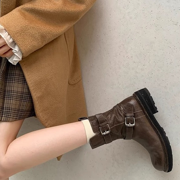 2025 Cowhide version~ Grape mother same shoes washed with shrinkage pattern cowhide belt buckle thick heel thick sole thin short boots autumn and winter