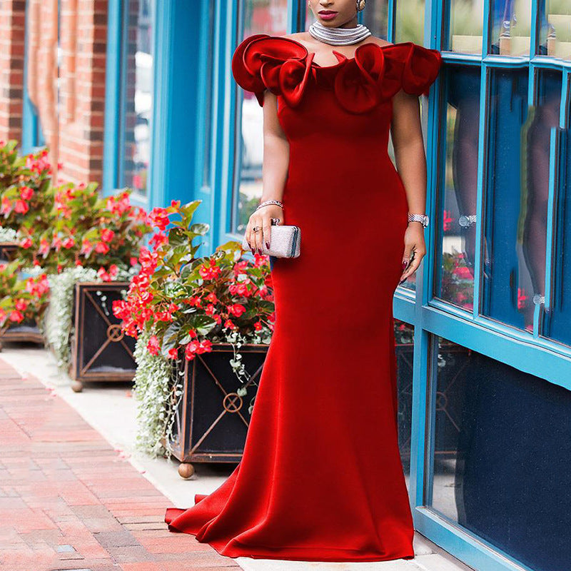2025 New spring and summer new 2025 large-size women's clothing slim-fitting shoulder dress bridesmaids banquet dress
