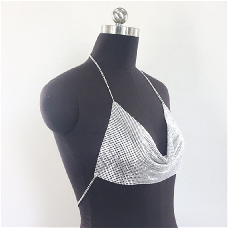 2025 MW2653 2025 vest sequined rhinestone inlaid diamond cloth metal chain hanging neck V-neck super short vest top