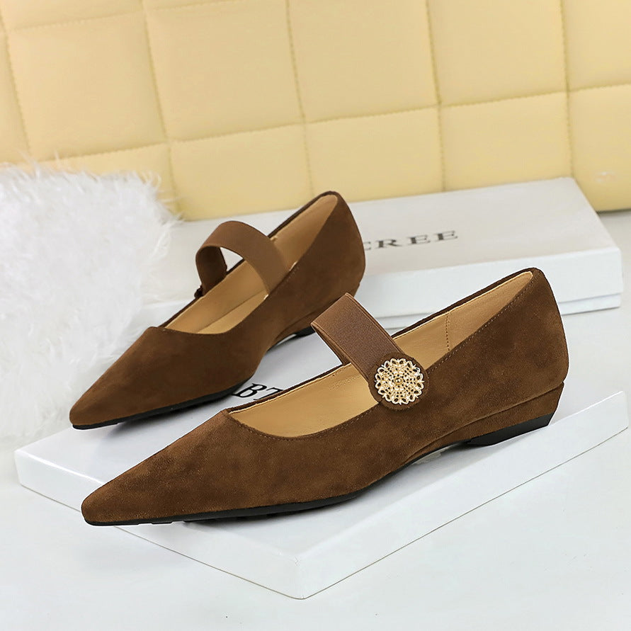 VAKKV 2025 3683-2K92 Korean version low heel wedge heel versatile suede light mouth metal decorative elastic band one word belt single shoes women