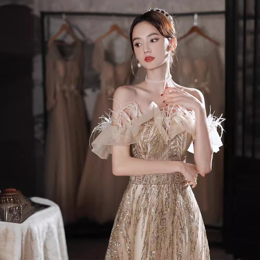 VSKKV Evening Dress for Women New High Sense Banquet Performance Birthday Champagne Light Luxury Minority Host Dress