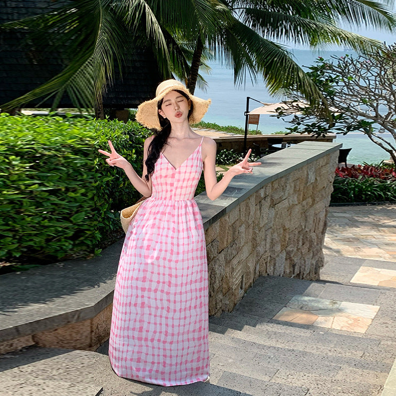 2025 Thailand travel wear beach dress seaside vacation pink plaid suspender dress female sexy backless long skirt