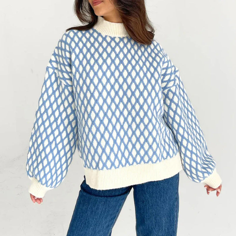 popular autumn and winter new New knitted tops women's round neck plaid lantern sleeves loose pullover sweater women