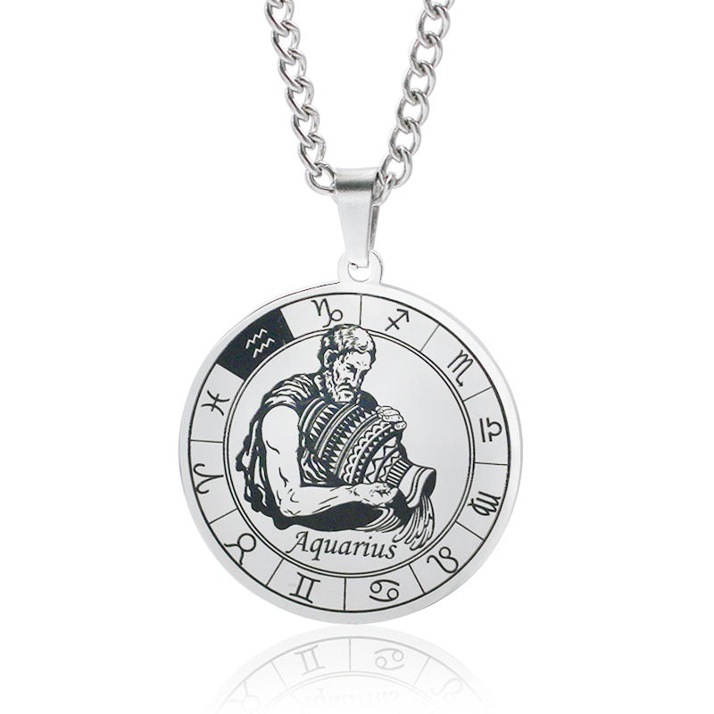 vakkv 12 Constellation Pendant Necklace Men's Titanium Steel Power Style Personalized Leo Turntable Couple's Stainless Steel Necklace
