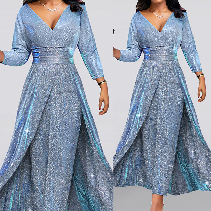 VAKKV Foreign Trade European and American Banquet Dress Ins Double-Sided Sequined Large Skirt Tube Top Sexy Fashion Jumpsuit