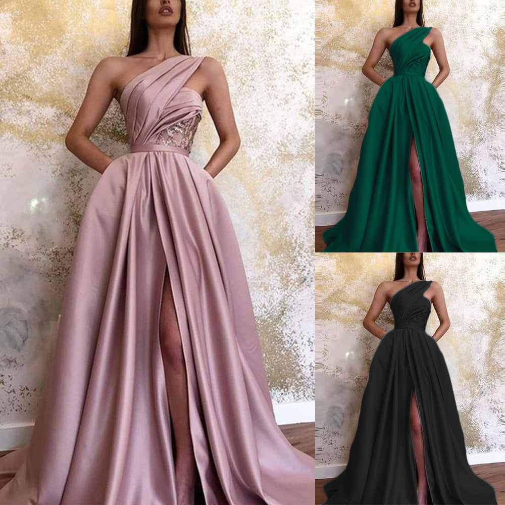S1604 2025 New summer new 2025 sexy split slanted shoulder dress long dress evening dress
