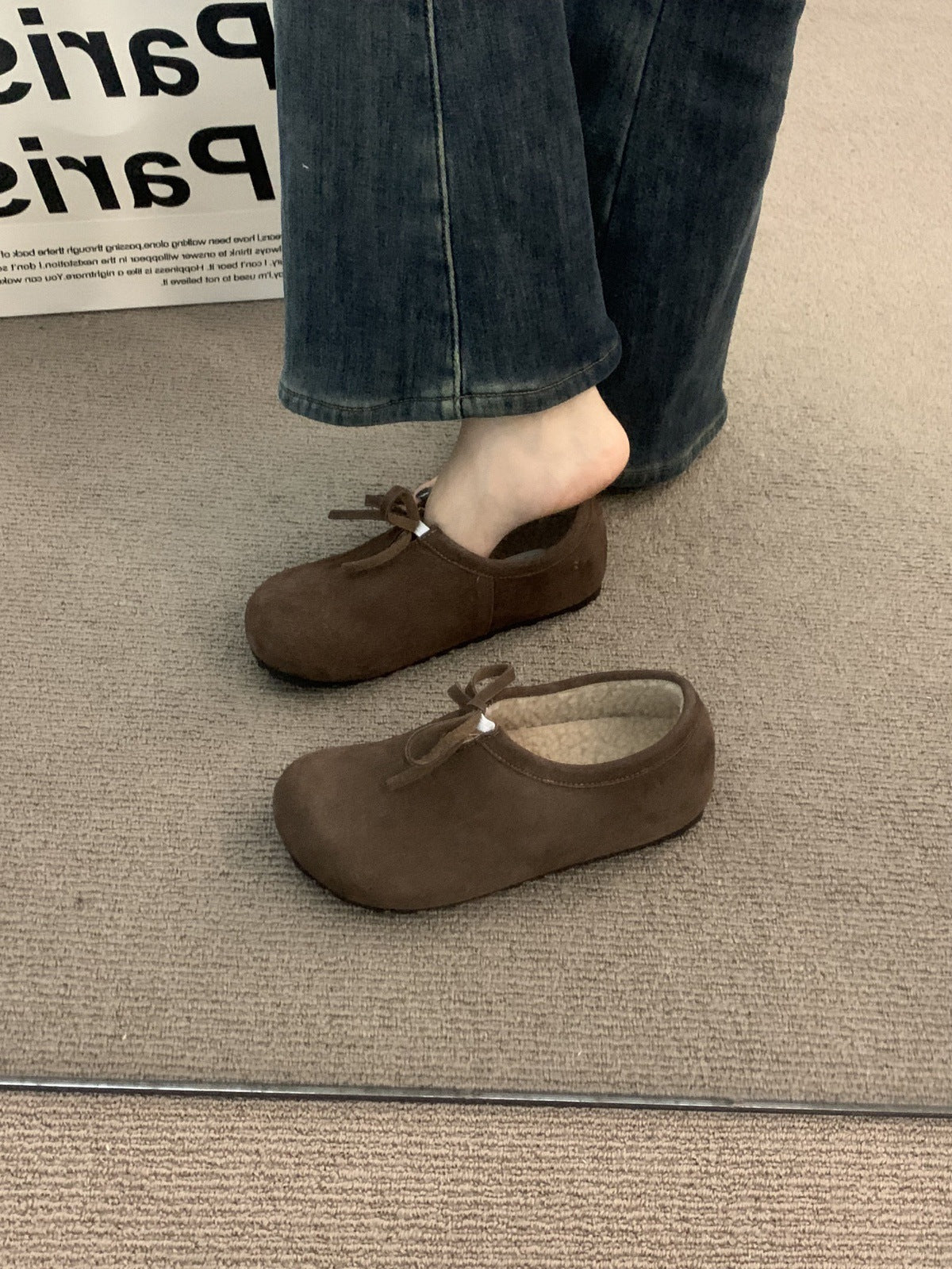 2025 In the evening wind, it increases in height, thick-soled leopard print and velvet Birkenstocks, and wears ugly and cute deep-mouth Doudou cotton shoes outside in autumn and winter