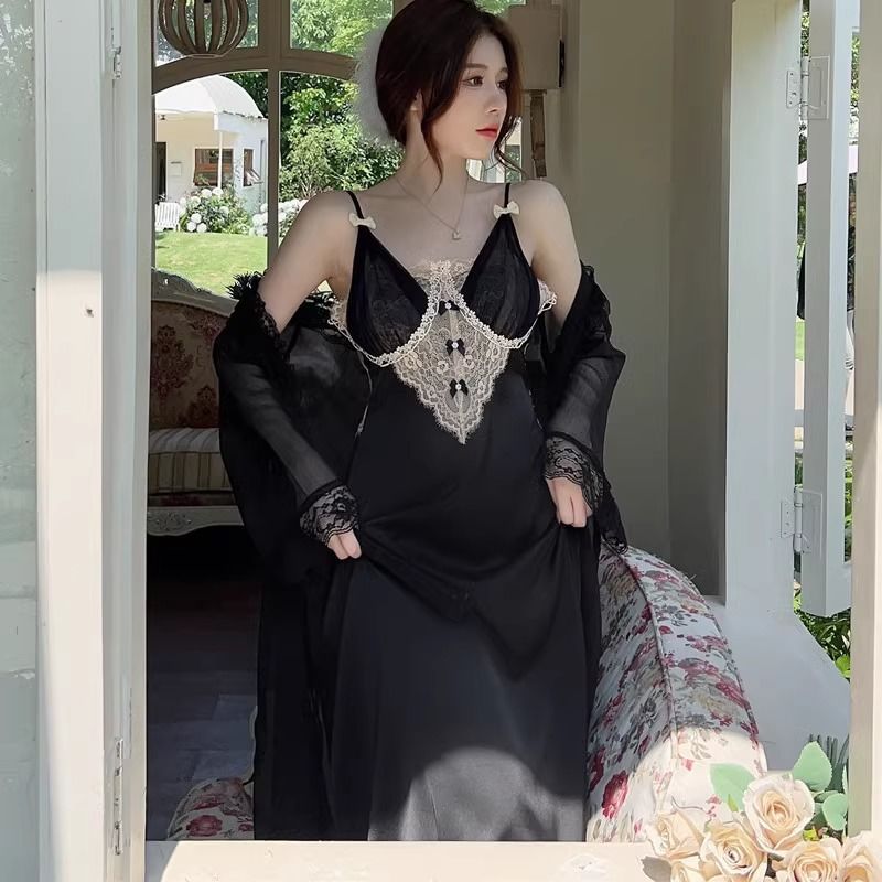 2025 morning robe women's wedding pajamas red natal year long pure desire wind suspender nightdress with chest pad two-piece set tide