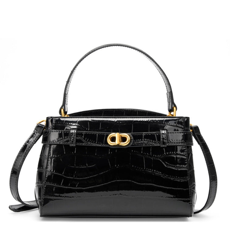 2025 new leather portable Kelly bag crocodile pattern texture commuter shoulder women's bag lock small square bag