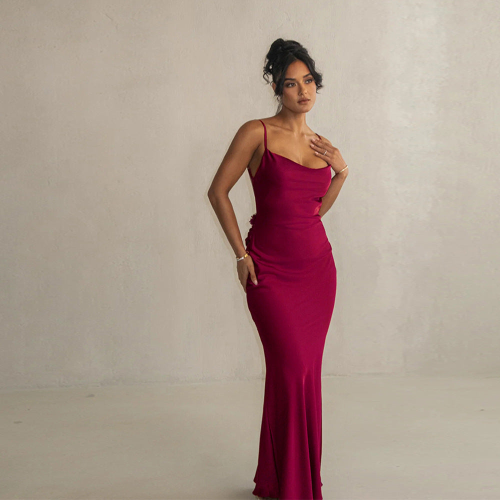 2025 Popular trade popular summer new satin dress suspender backless sexy slim evening dress long dress New