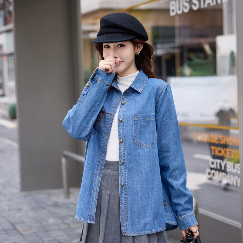 Retro Hong Kong style front shoulder denim shirt 2025 spring new design sense small long sleeve shirt stacked top