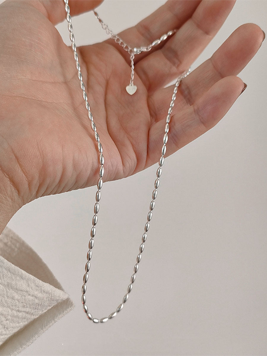 S925 Sterling Silver Rice Grain Olive Beads Necklace Choker Women's Simple Ins Personality Twin High Sense Ball Clavicle Chain