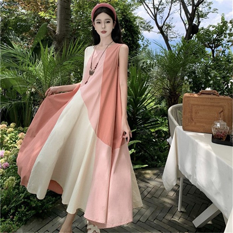 2025 Niche design sense color matching sleeveless loose dress long dress women's summer A version big pendulum seaside vacation wind beach skirt