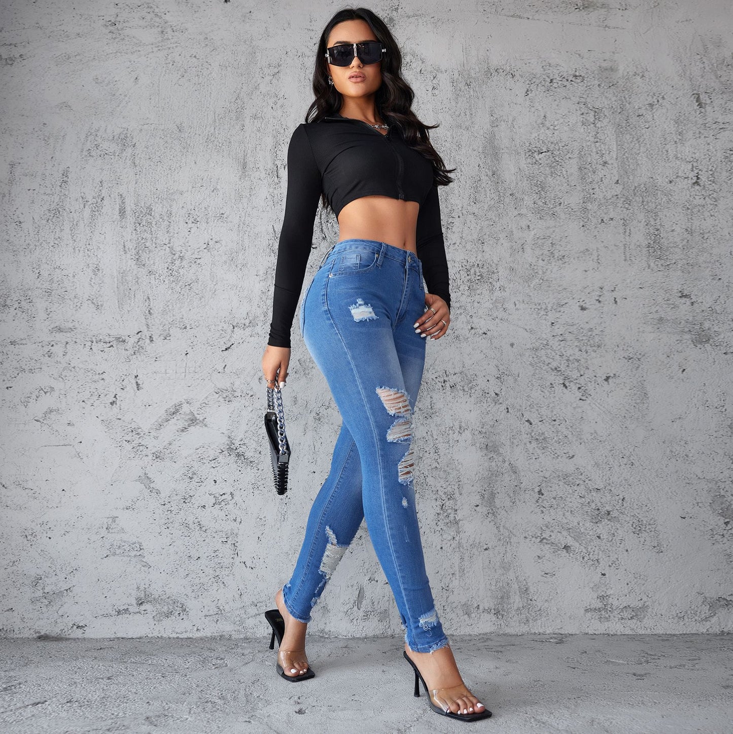 VAKKV 2025 New ripped jeans women's popular spring and summer new slim-fitting hip-lifting pants high-waisted spot